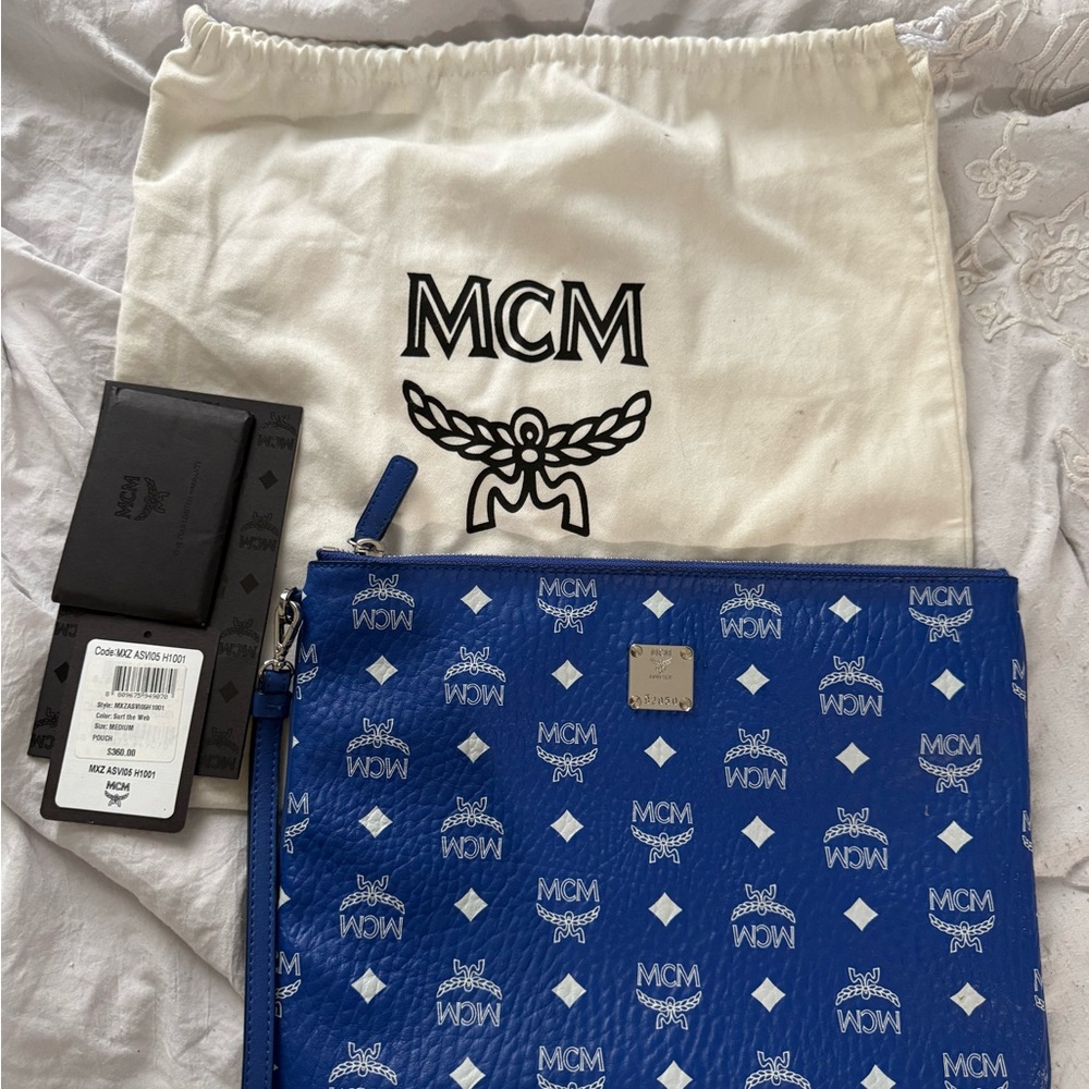 MCM Blue Wristlet Pouch with Monogram Print